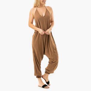 Solid Harem Jumpsuit Cotton V-Neck Adjustable Tie Tapared Leg Pockets Chocolate